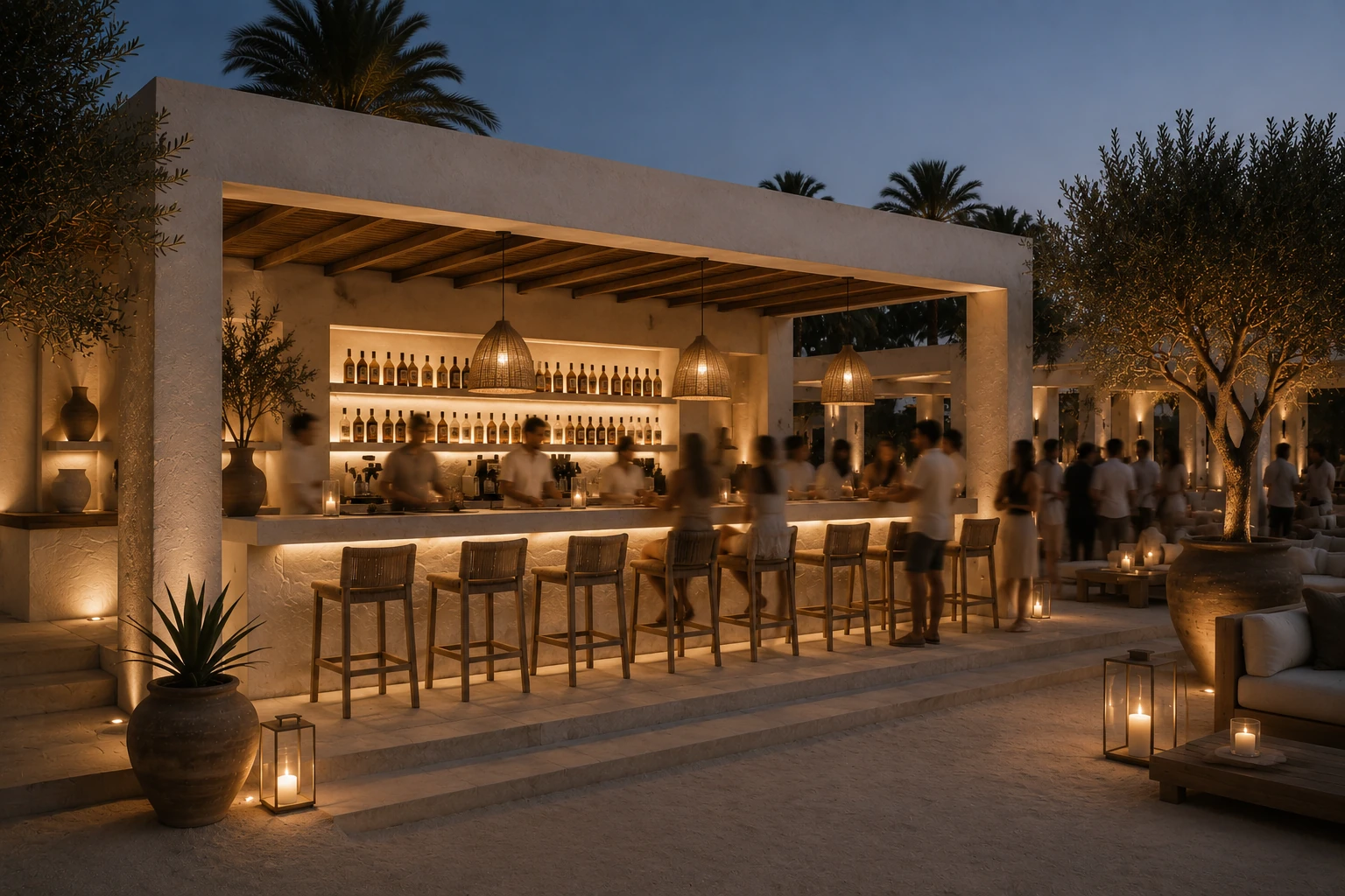 Design study for an outdoor beach club bar at dusk, lit shelving and olive trees