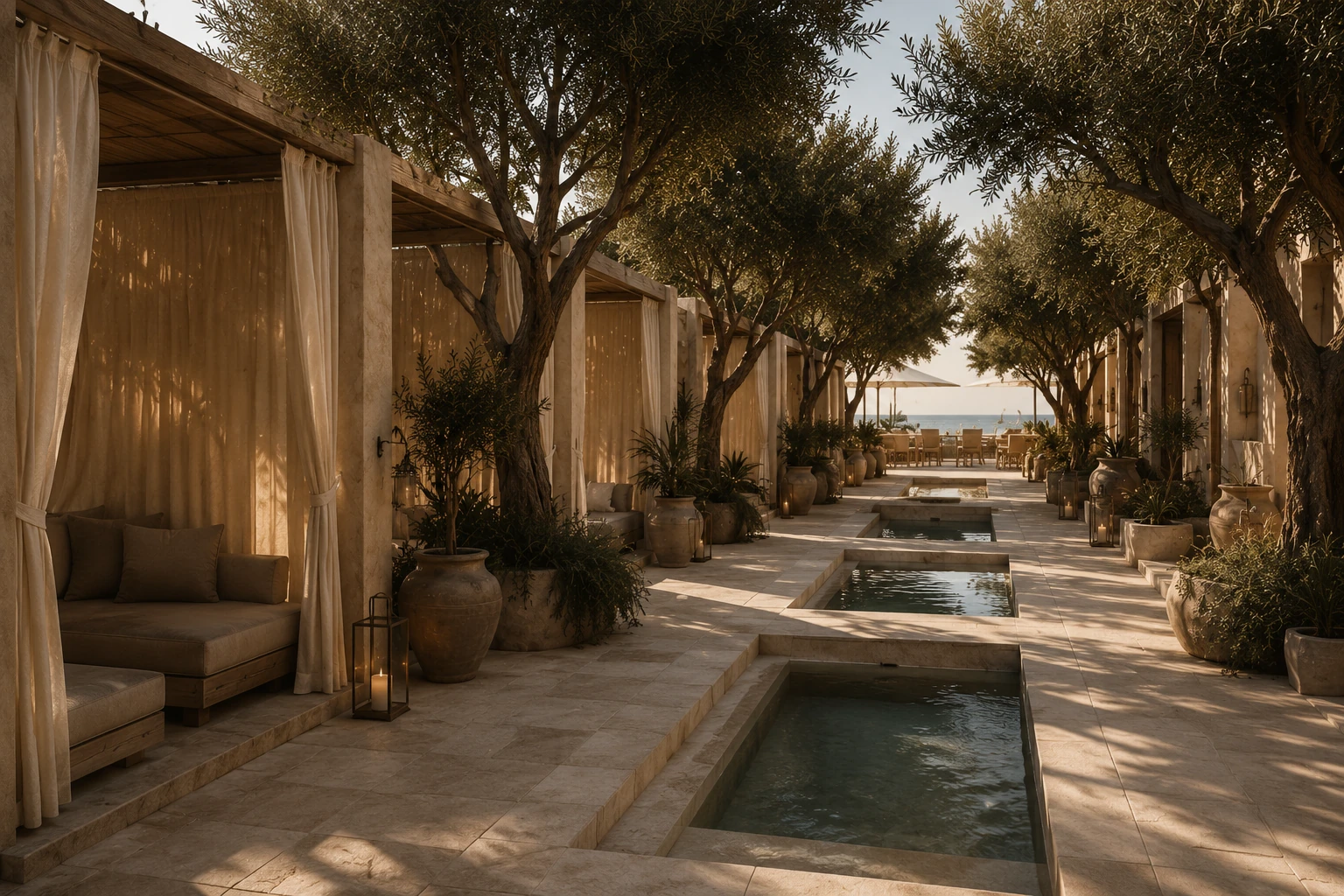 Study for a row of curtained cabanas and sunken plunge pools facing the sea