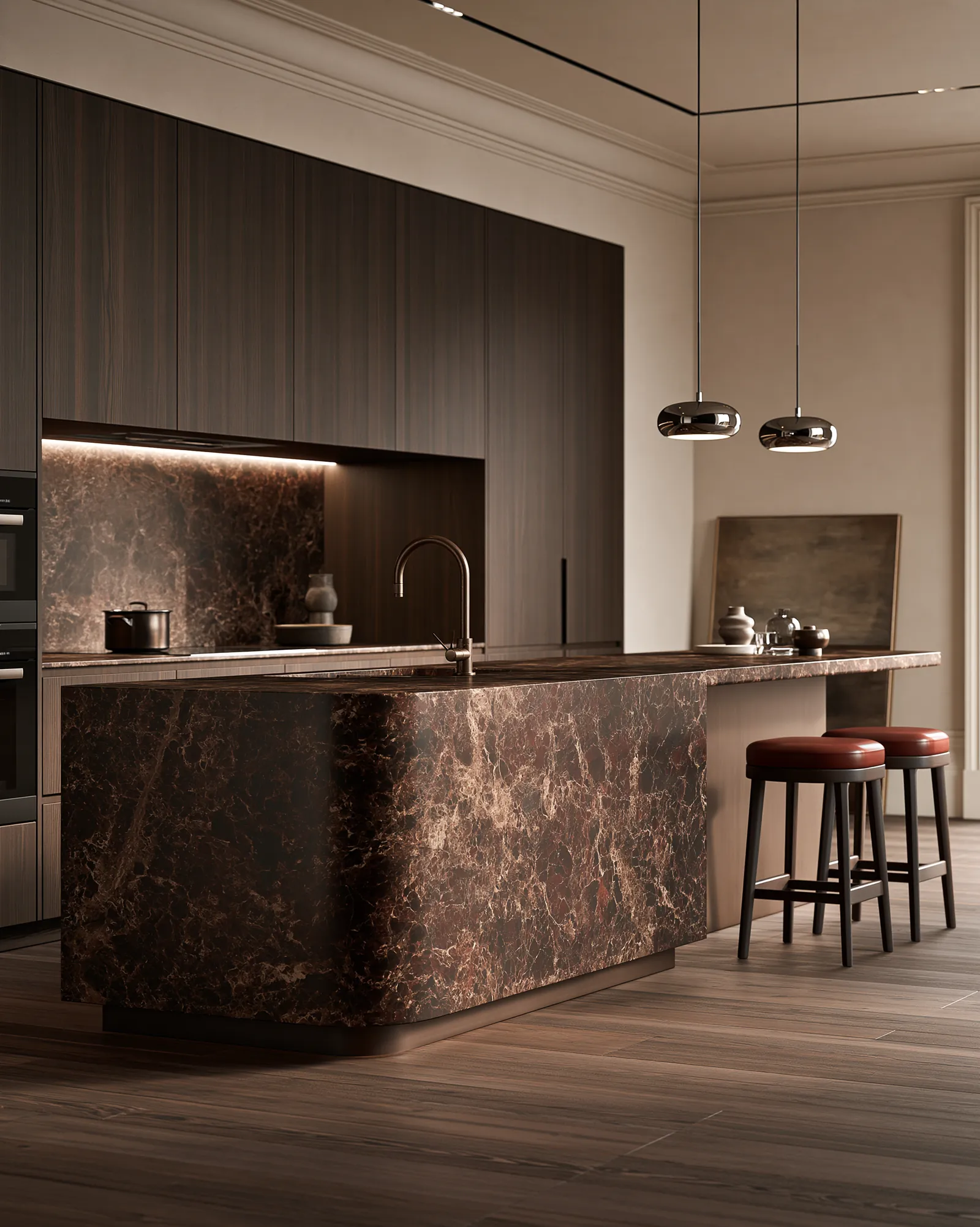 Kitchen with a dark brown marble island and splashback, full-height timber cabinetry, twin chrome pendants and red leather bar stools