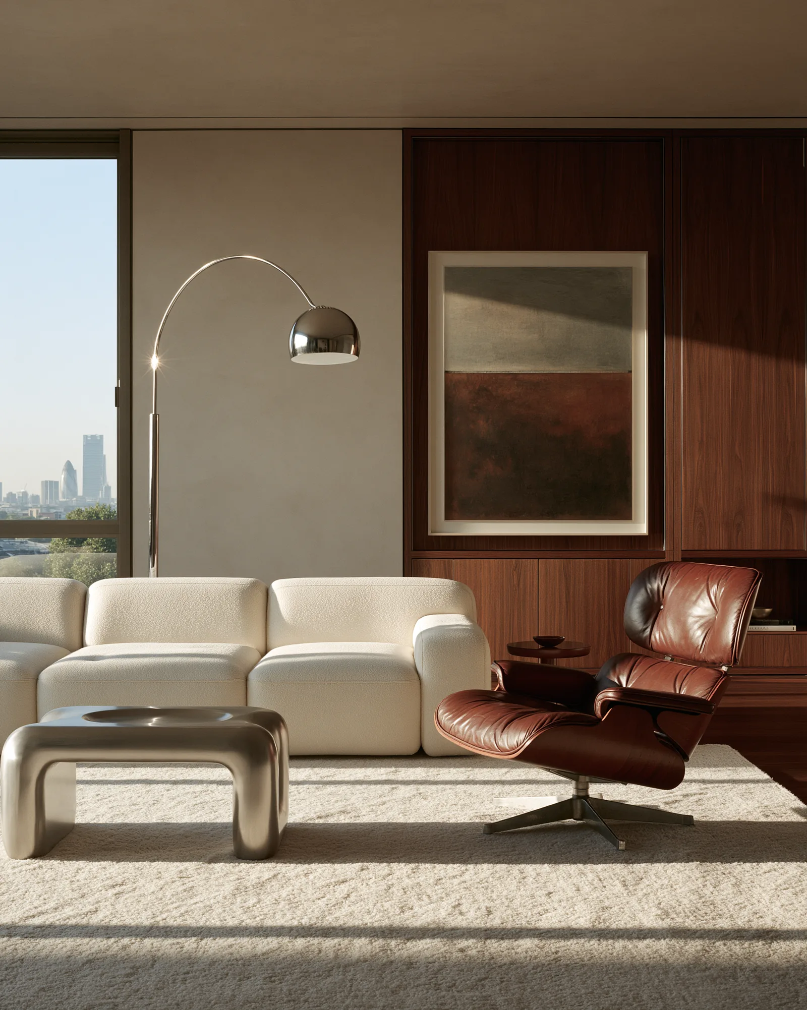 Belgravia Residence — cream modular sofa, sculptural chrome table and an oxblood leather lounge chair against walnut joinery, the City skyline beyond