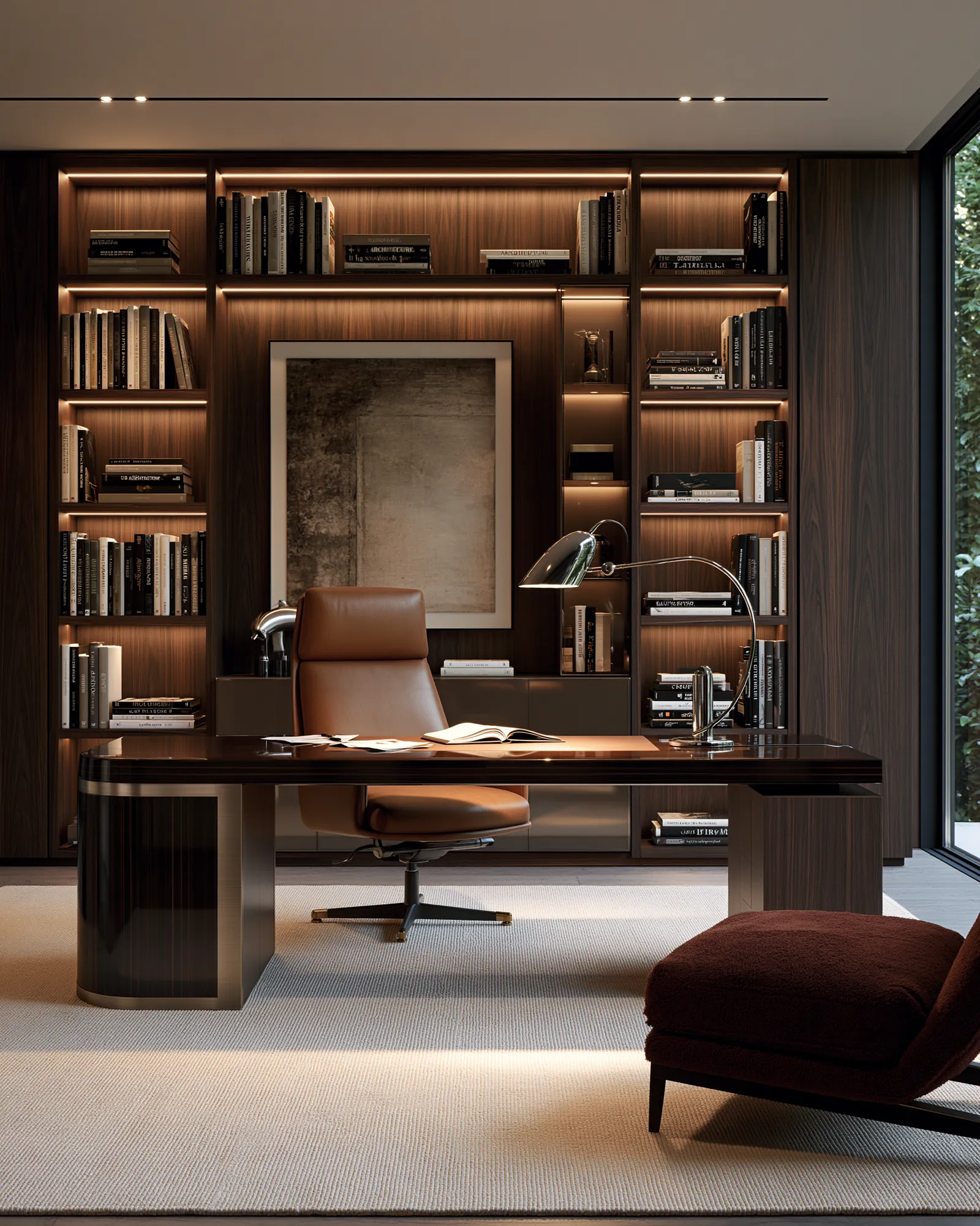 Study with a lacquered timber desk, tan leather swivel chair and backlit walnut shelving filled with books