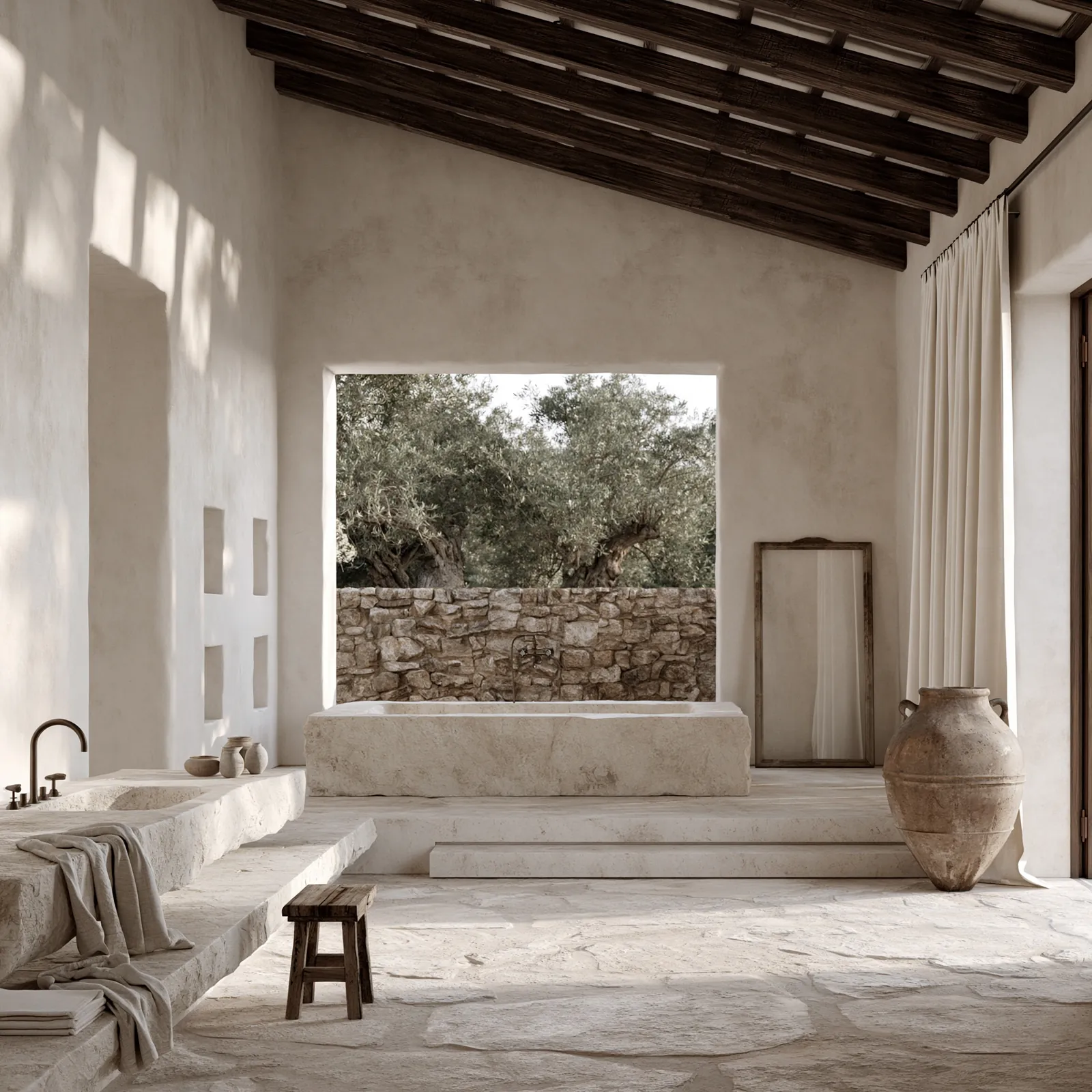 Bathroom with a carved stone bath and a stone vanity ledge on a flagstone floor, beneath a dark timber beamed ceiling, a wide opening framing the olive grove and a terracotta urn