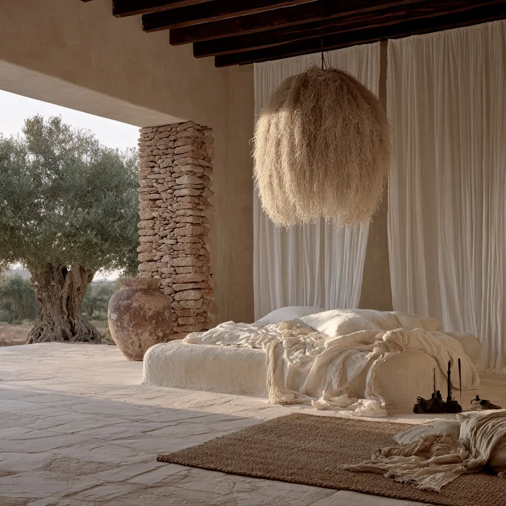 Open-sided sleeping terrace with a plaster platform bed in rumpled linen, a dry-stone column and a woven pendant, looking out to an ancient olive tree