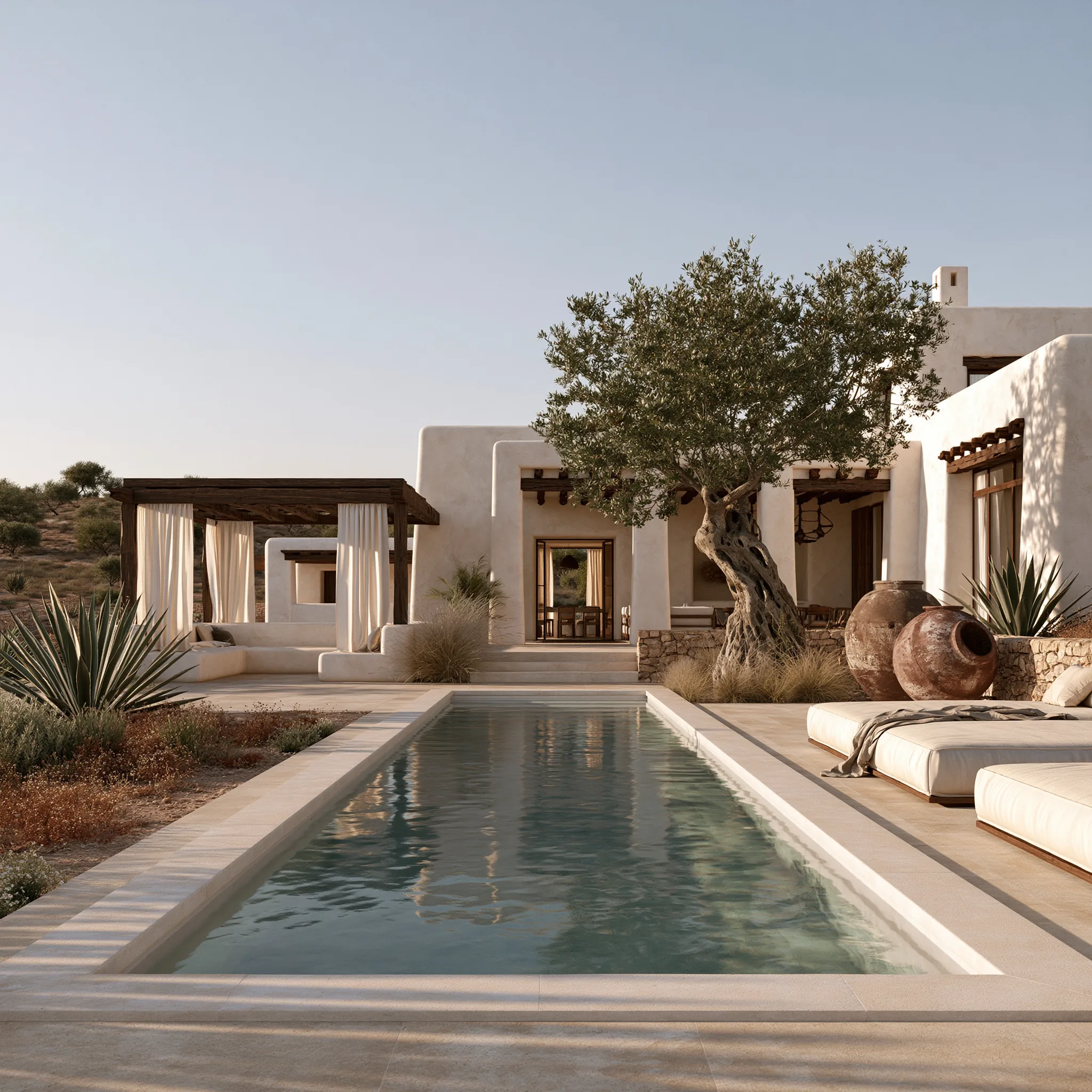 Pool courtyard framed by white lime-plaster architecture, ancient olive trees and shaded timber pergolas