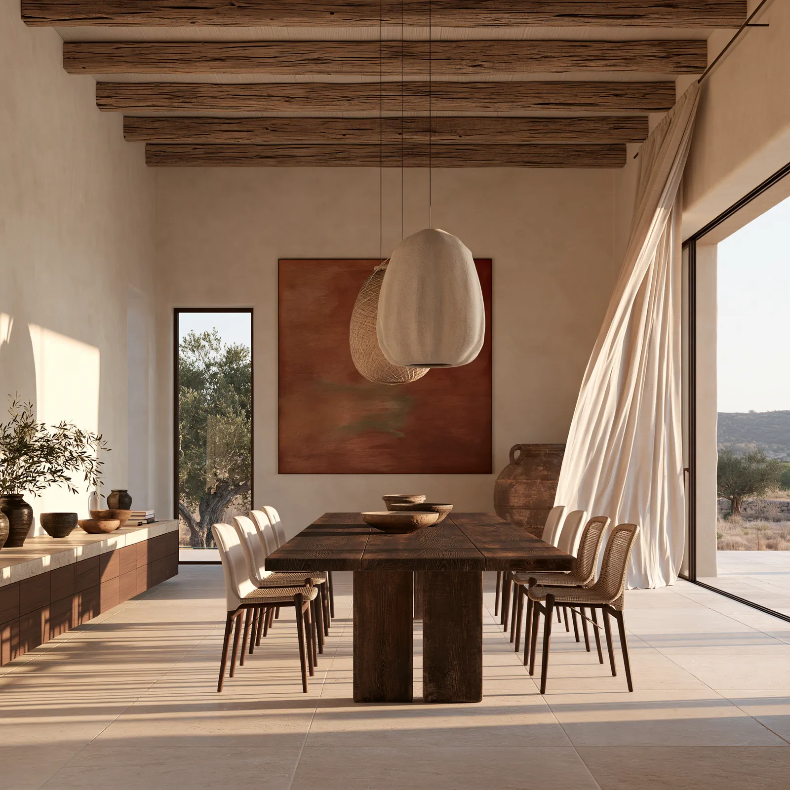 Dining room with a solid dark timber table, woven and upholstered chairs and two textured pendants, beneath a deep red abstract canvas, opening to the olive groves