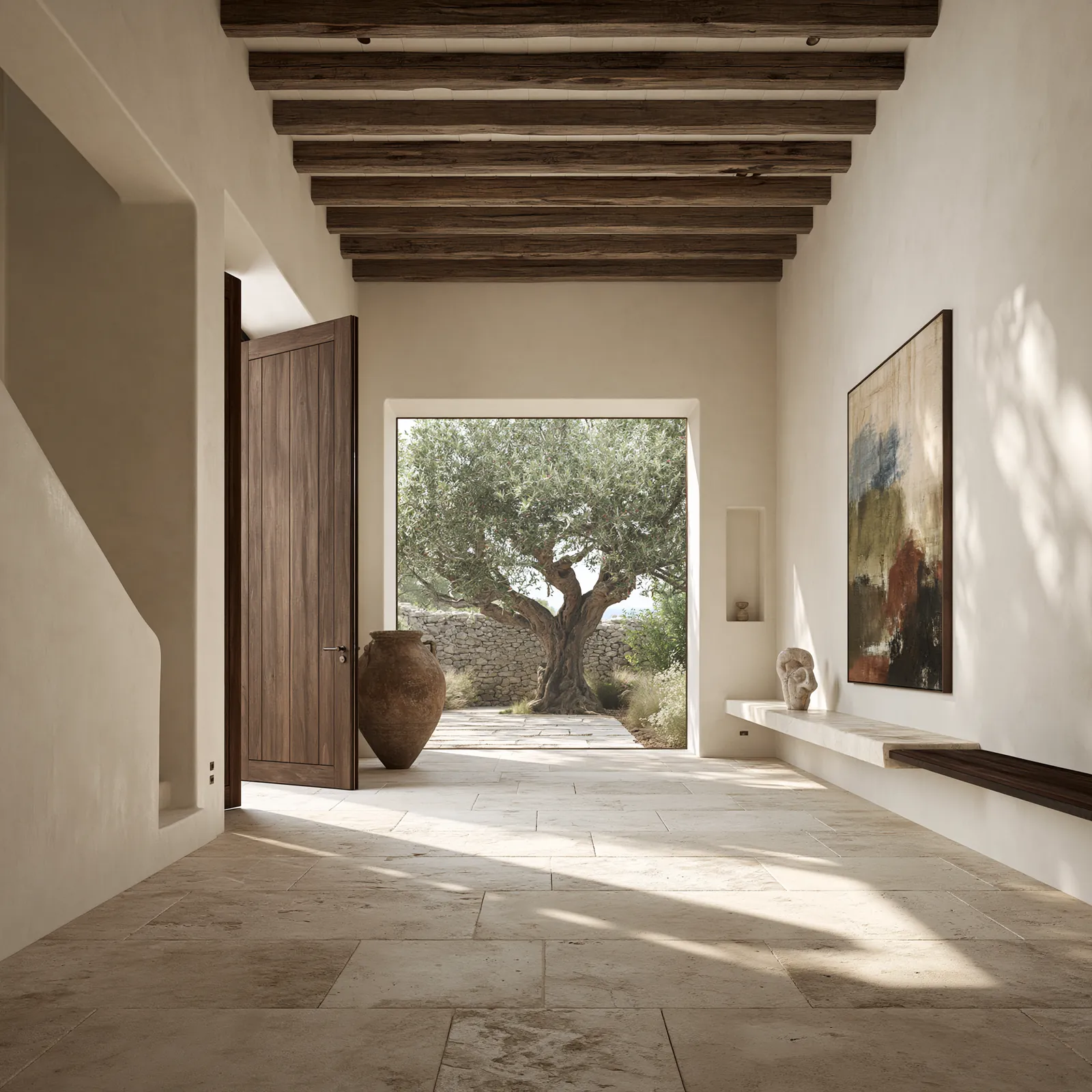 Entrance hall with a reclaimed timber beam ceiling and pale stone floor, a terracotta urn beside the walnut front door and an ancient olive tree framed by the opening beyond