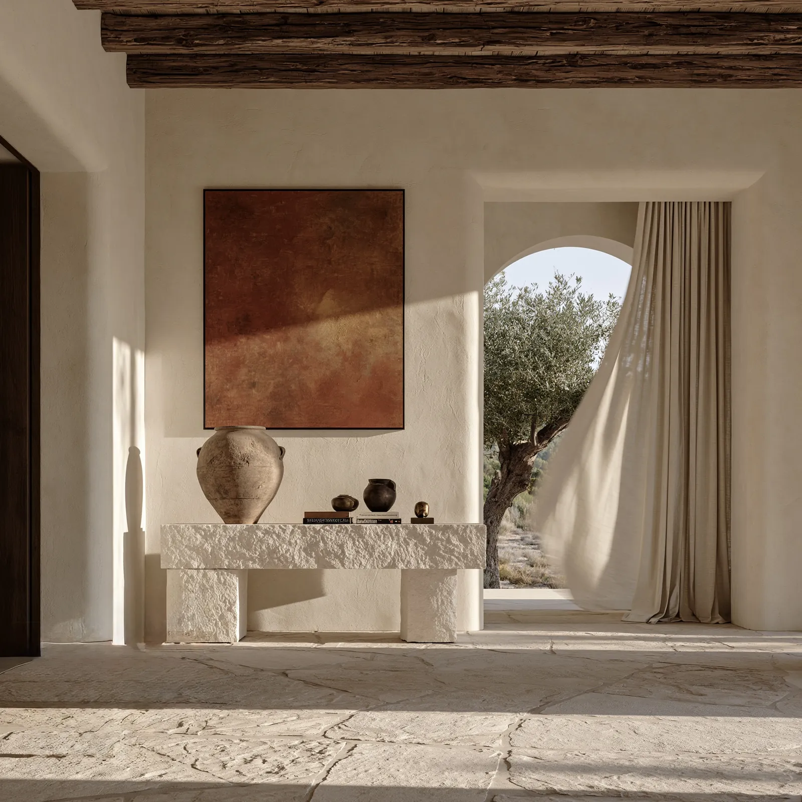 Rough-hewn stone console with terracotta and bronze vessels beneath a rust-red canvas, beside a curtained arched opening onto an olive tree
