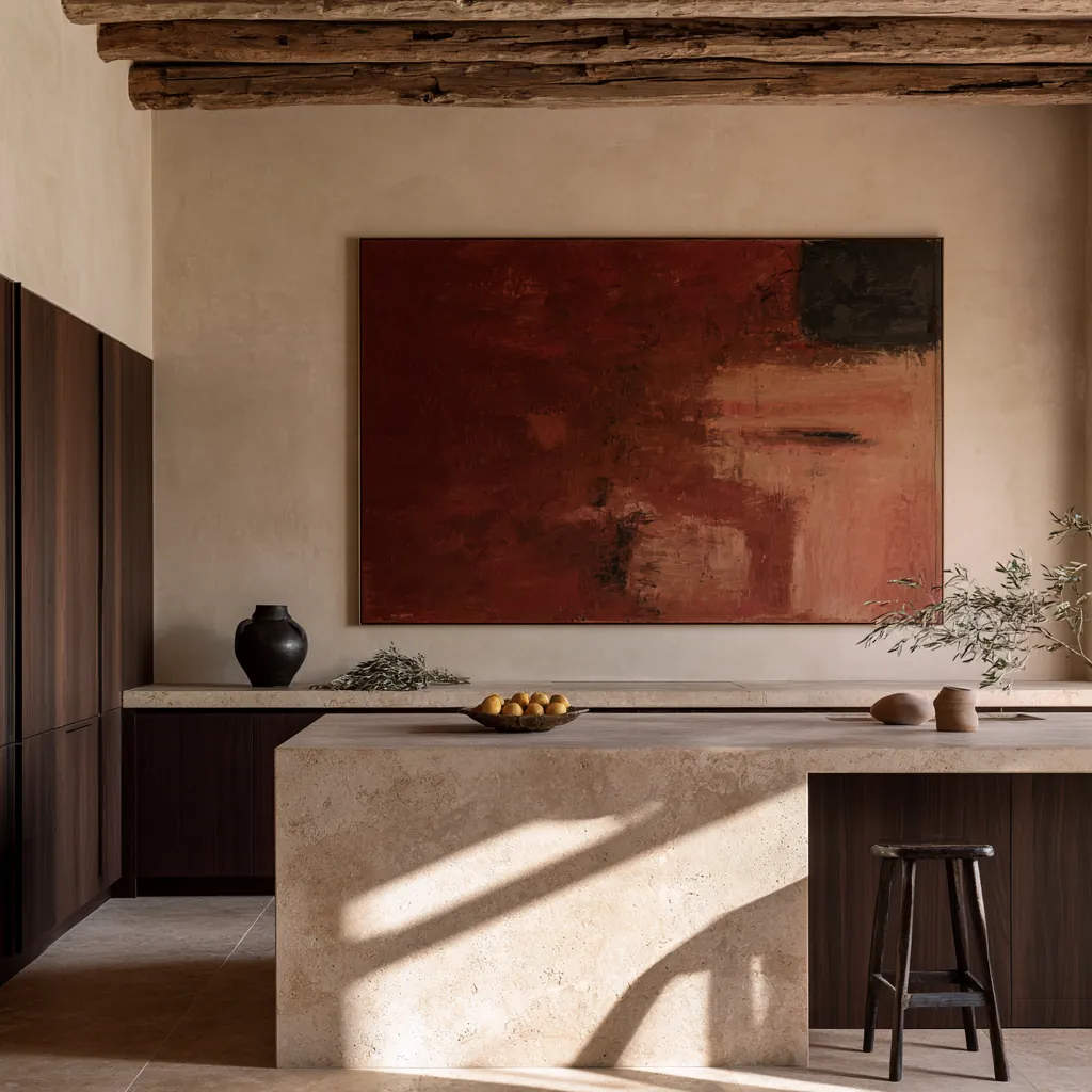Kitchen with a travertine island and worktop against dark timber cabinetry, a black urn and a large red abstract canvas on the plaster wall