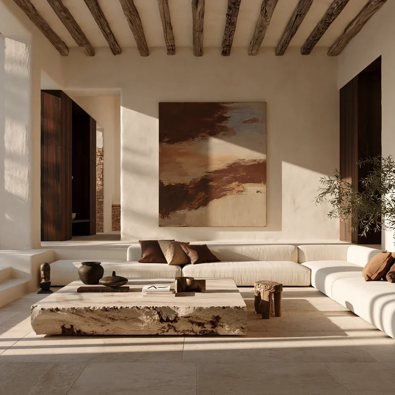 Warm Mediterranean living room with low ivory seating, monolithic stone table and abstract artwork