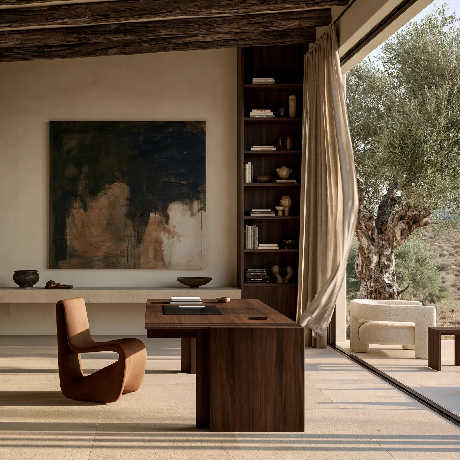 Study with a walnut desk and shelving, a dark abstract canvas above a stone bench and a sliding opening onto an olive tree