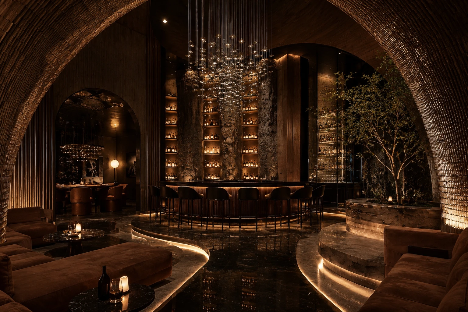 Study for the club bar beneath a suspended chandelier of glass pendants, arched brick overhead