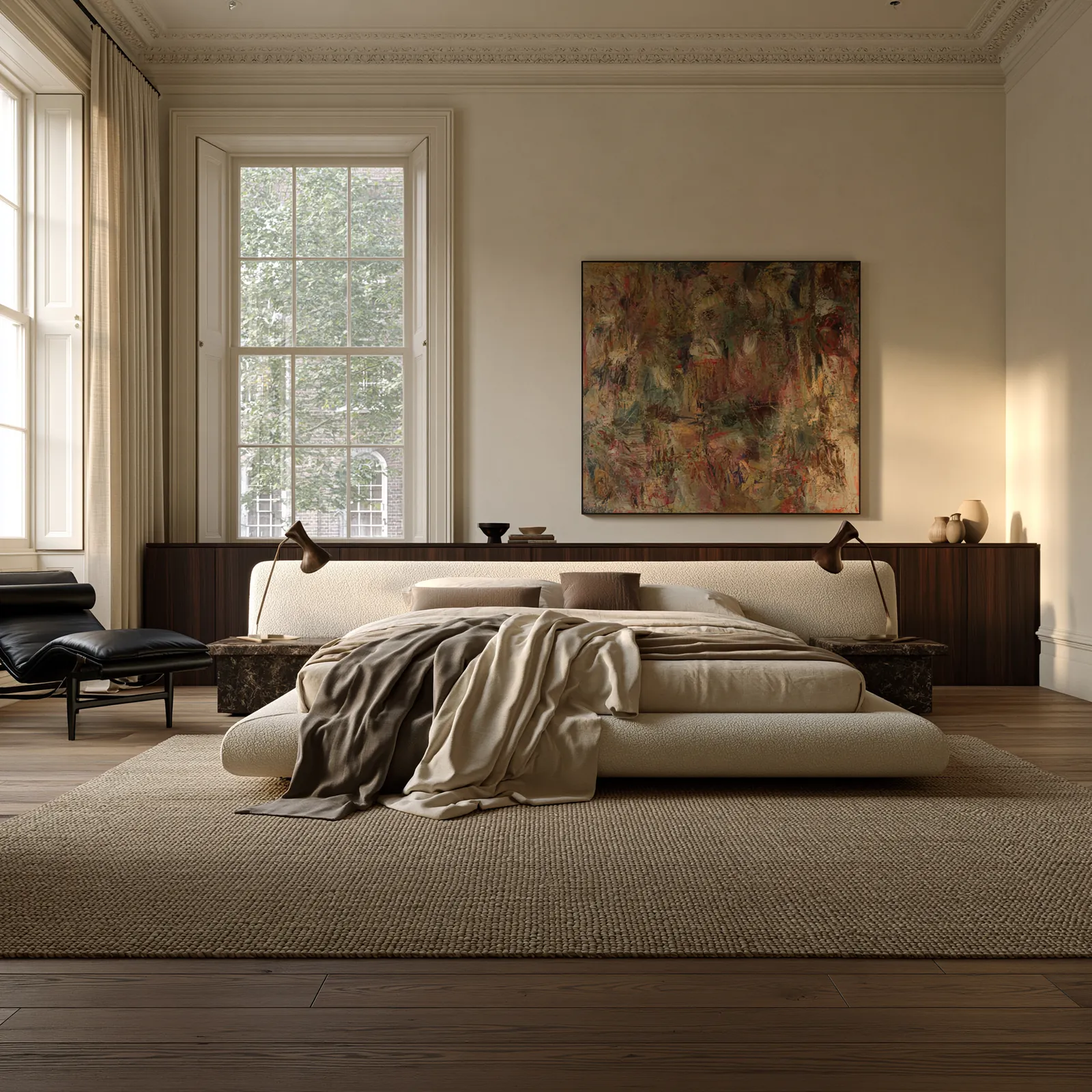 Bedroom with a bouclé bed against a full-width dark timber headboard wall, bronze reading lamps, a black leather chaise and a large abstract canvas