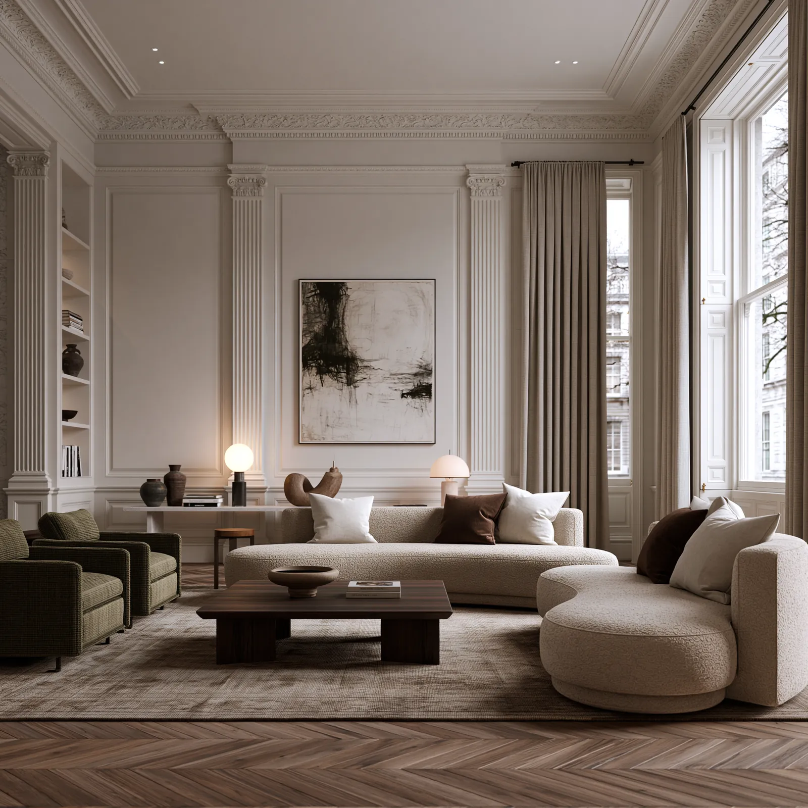 Drawing room with tall sash windows and linen curtains, deep cornicing and fluted pilasters, a curved bouclé sofa and olive-green armchairs on herringbone parquet