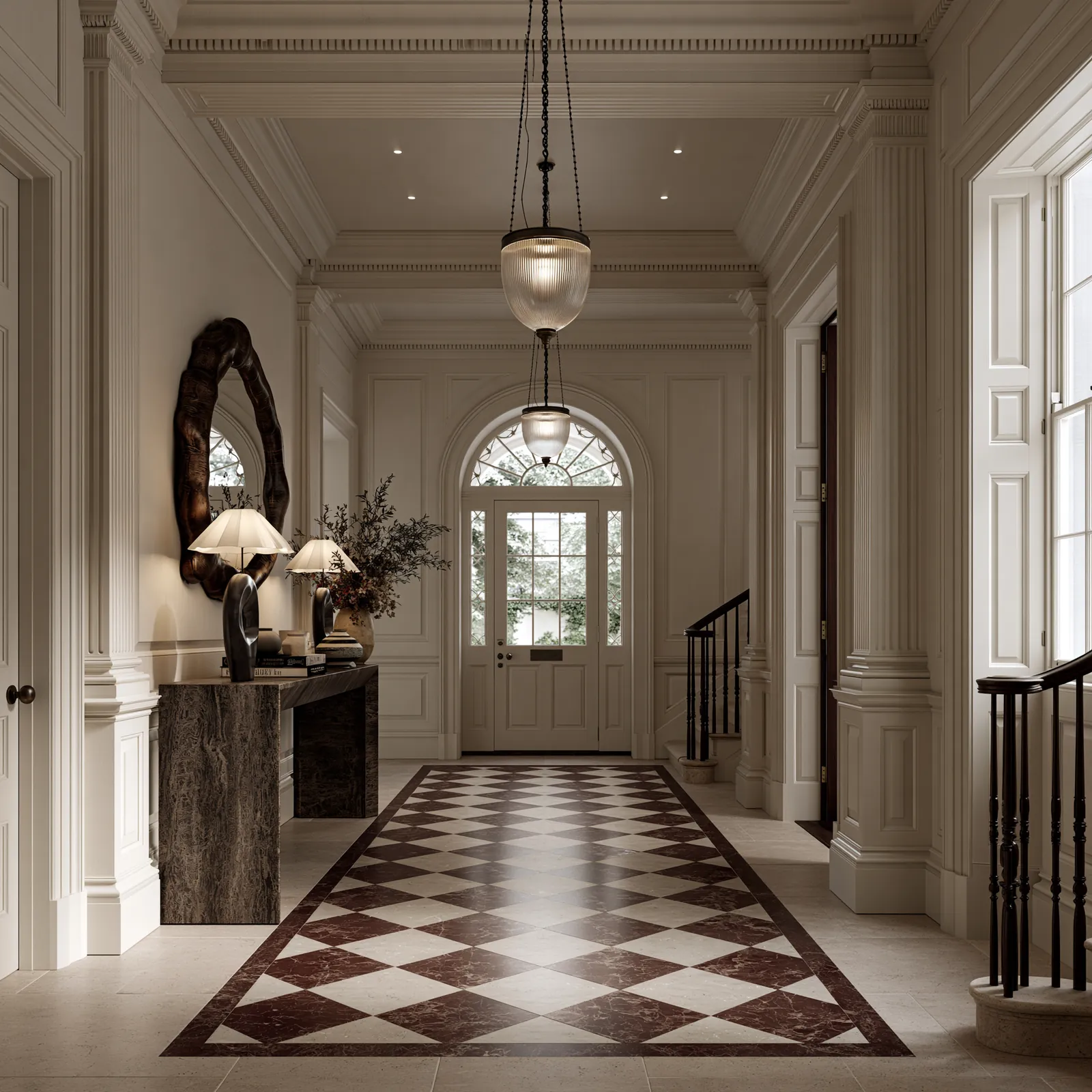 Chelsea London — entrance hall with a chequerboard marble floor, fluted pilasters, a fossil-stone console and a fanlight over the front door