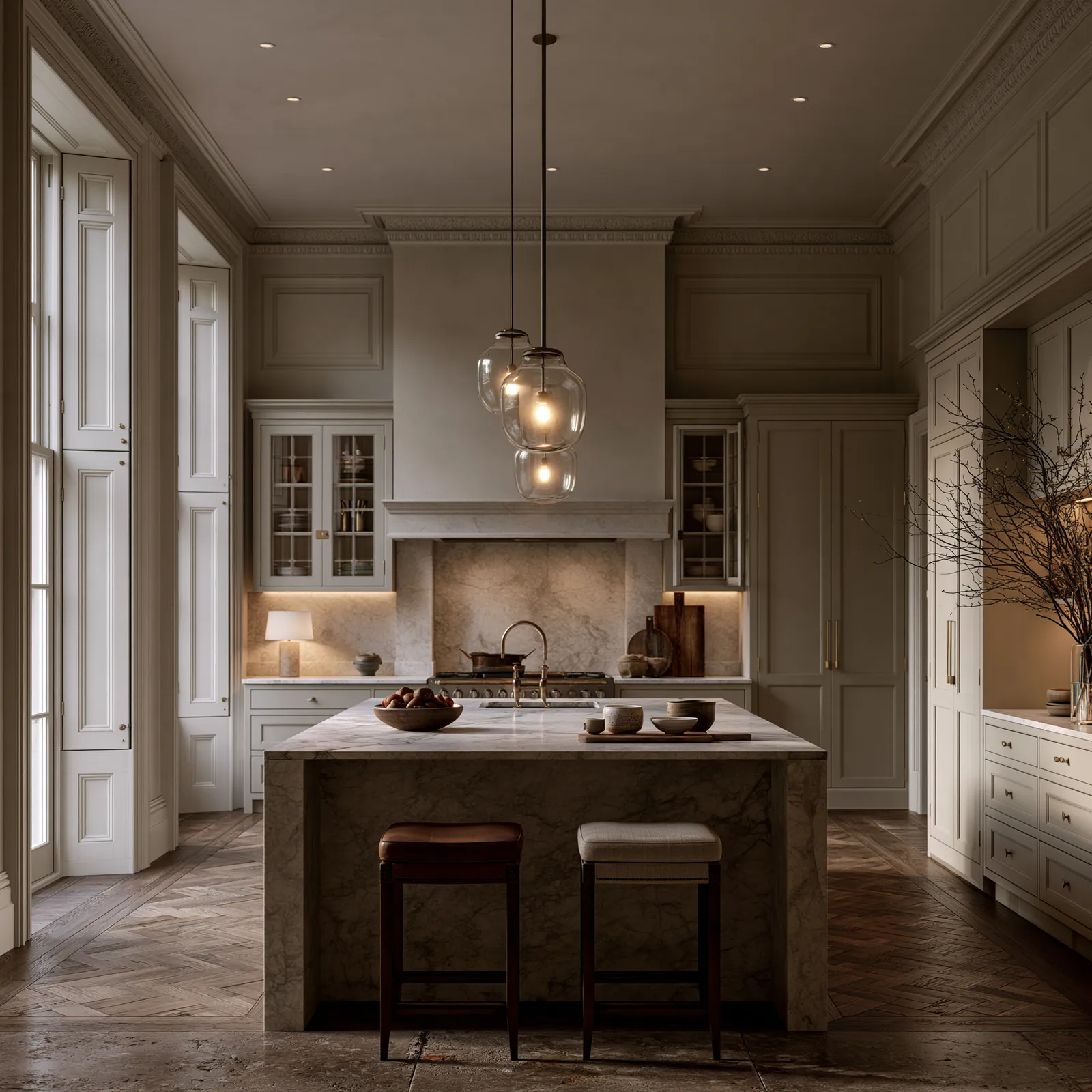 Kitchen with a marble island and stools, pale panelled cabinetry, a stone chimney hood and three glass pendants over herringbone parquet