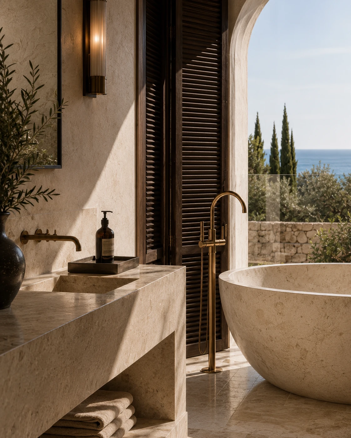 Study for a carved stone bath opening onto a louvered timber screen and the sea