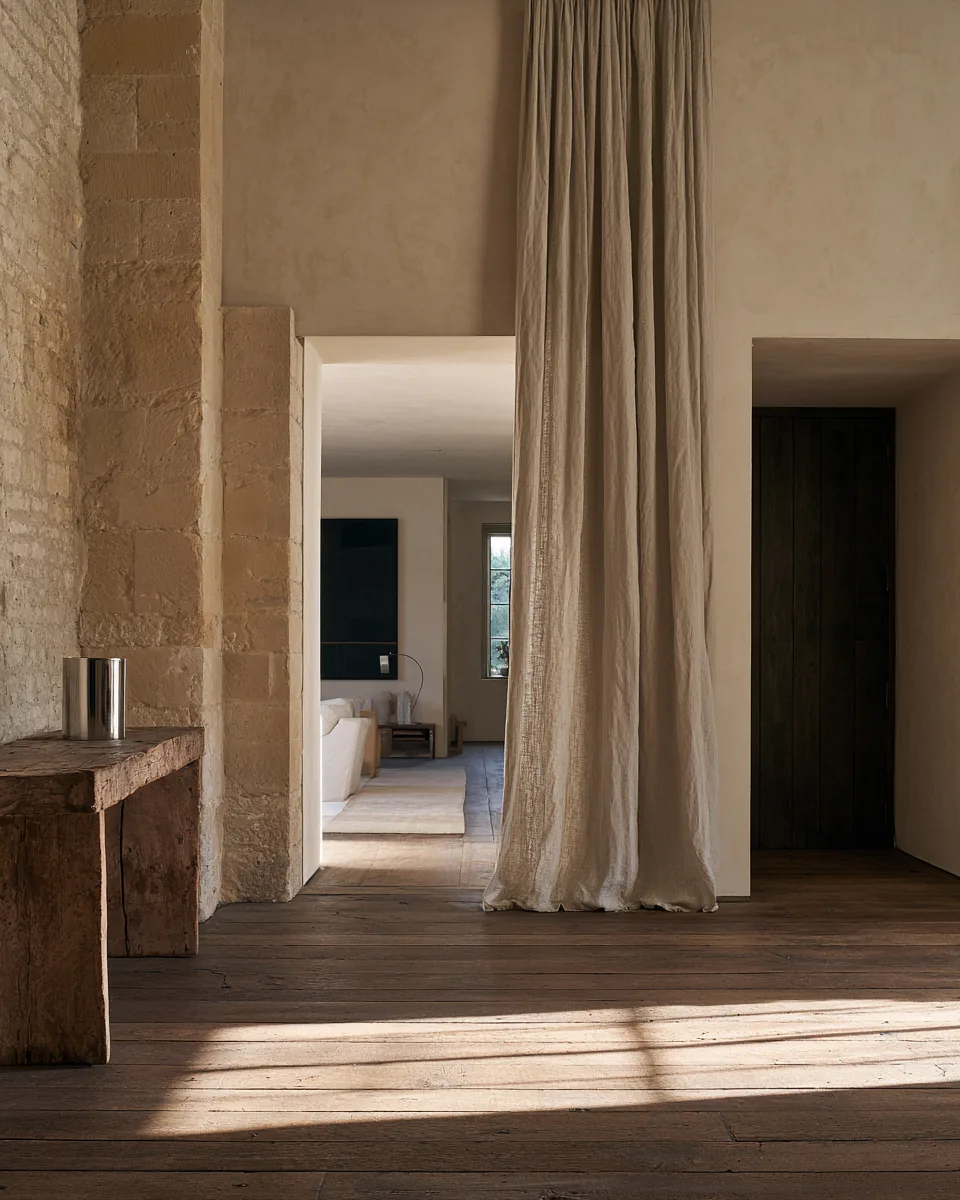 Exposed ashlar stone beside a full-height linen curtain, light across dark timber boards