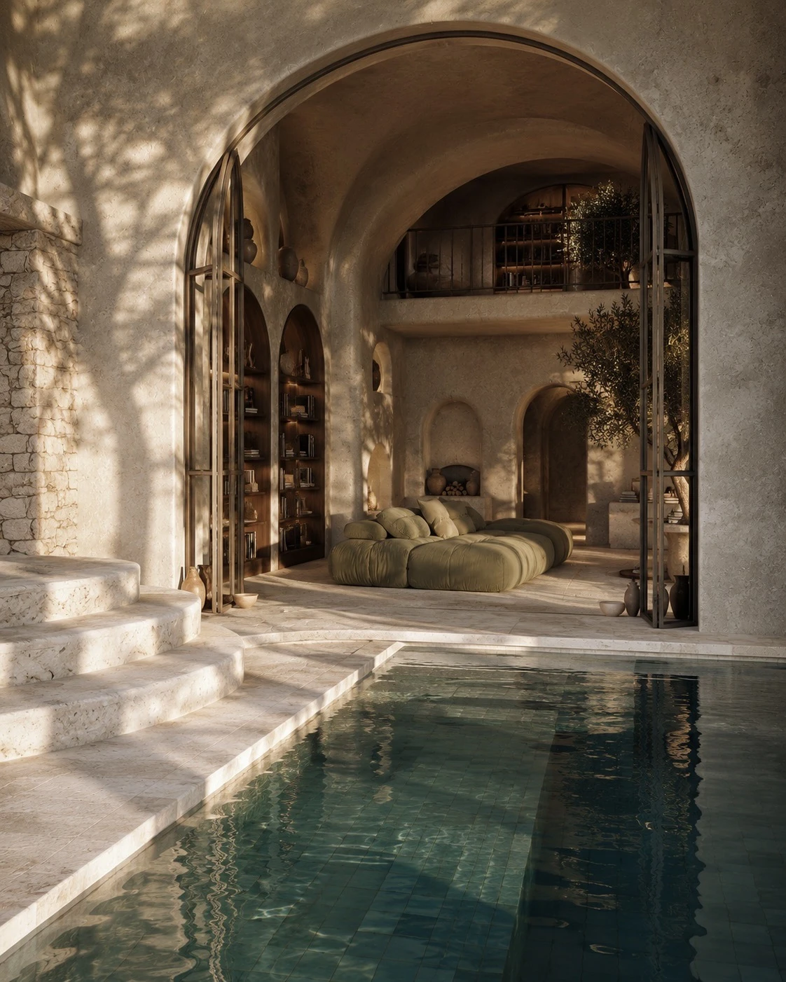 Study for a courtyard pool opening onto a book-lined lounge