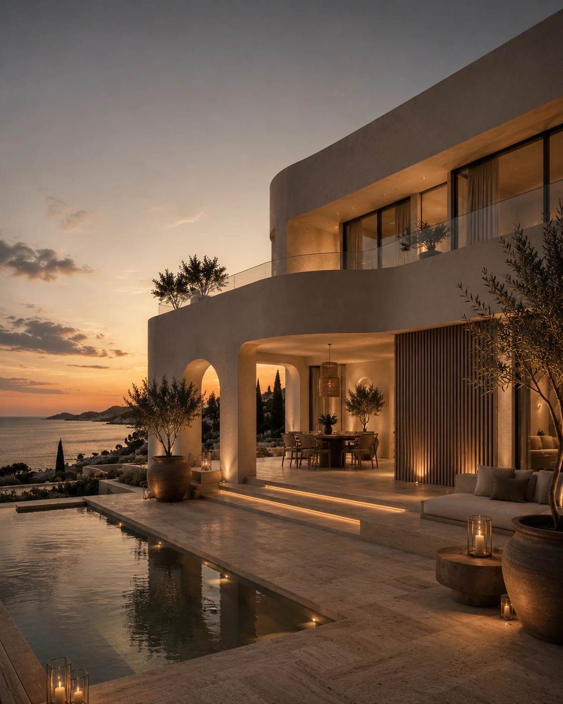 Study for a curved poolside pavilion completing the club at dusk