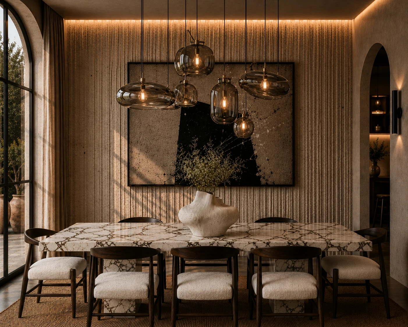 Study for a dining room panelled in fluted oak beneath glass pendants