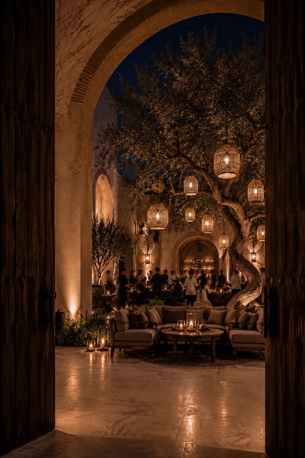 Study for an internal courtyard with a mature olive tree and woven lanterns