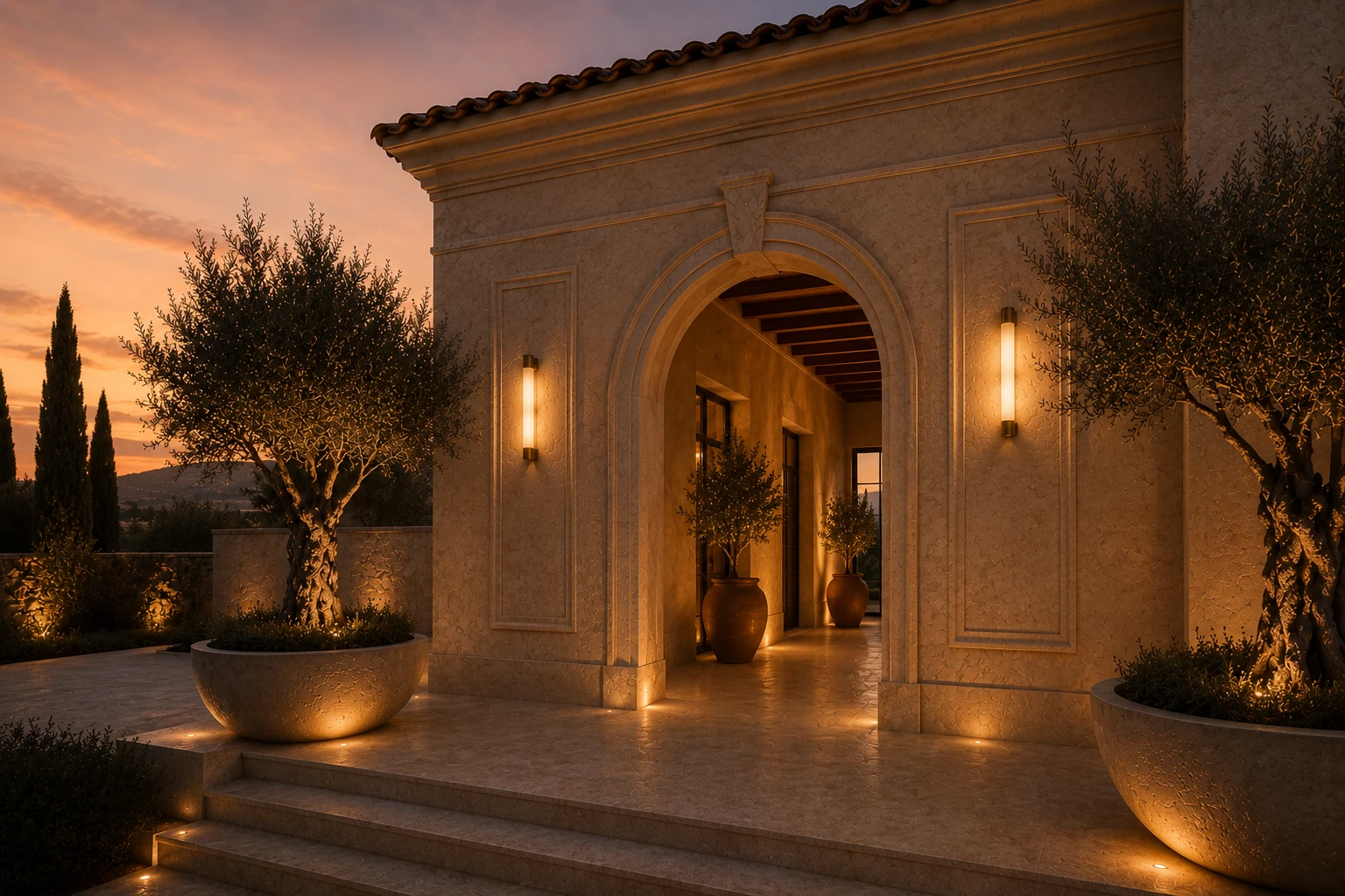 Study for a lit stone archway framing the entrance at dusk