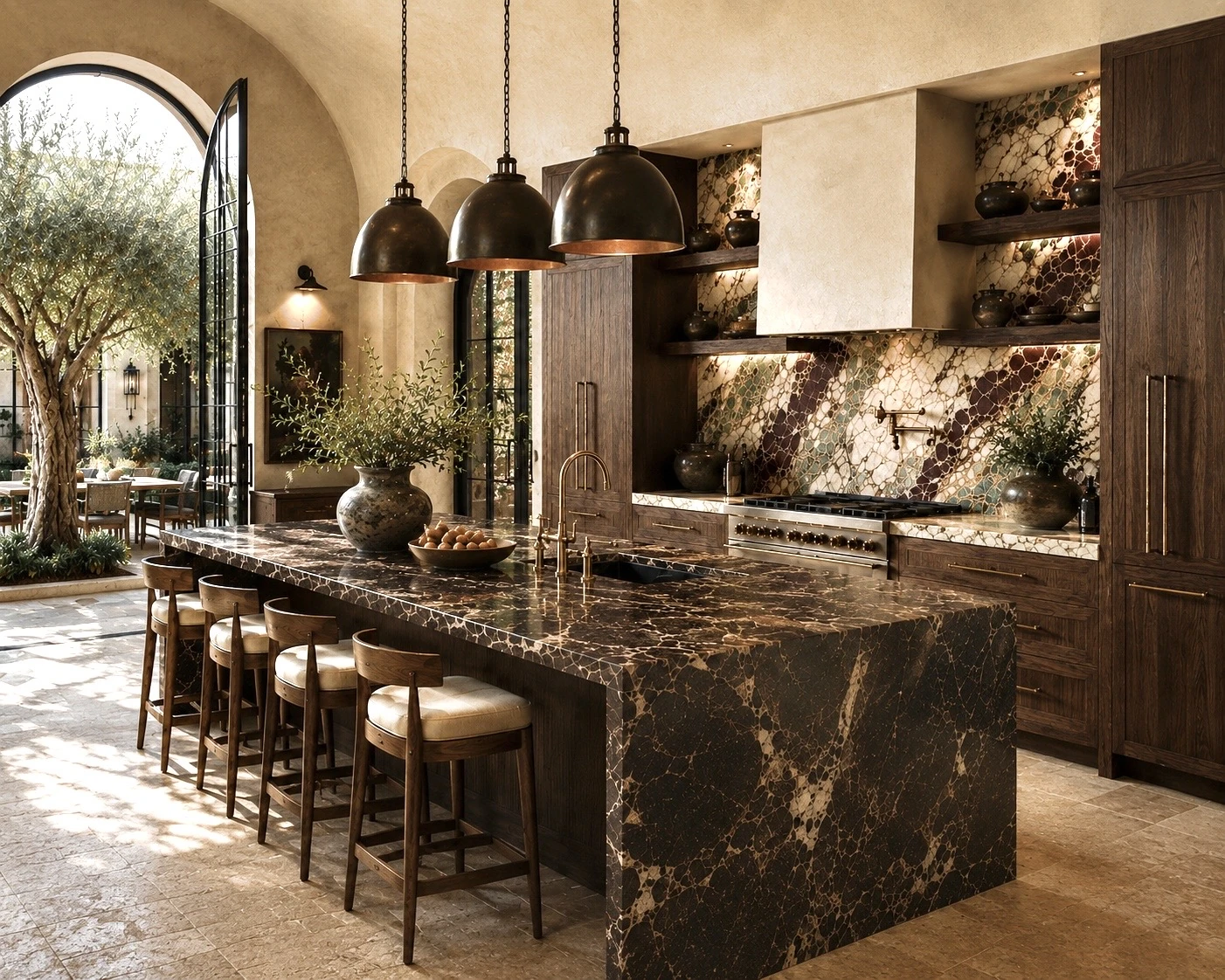Design study for a dark marble kitchen island opening onto an olive-tree courtyard