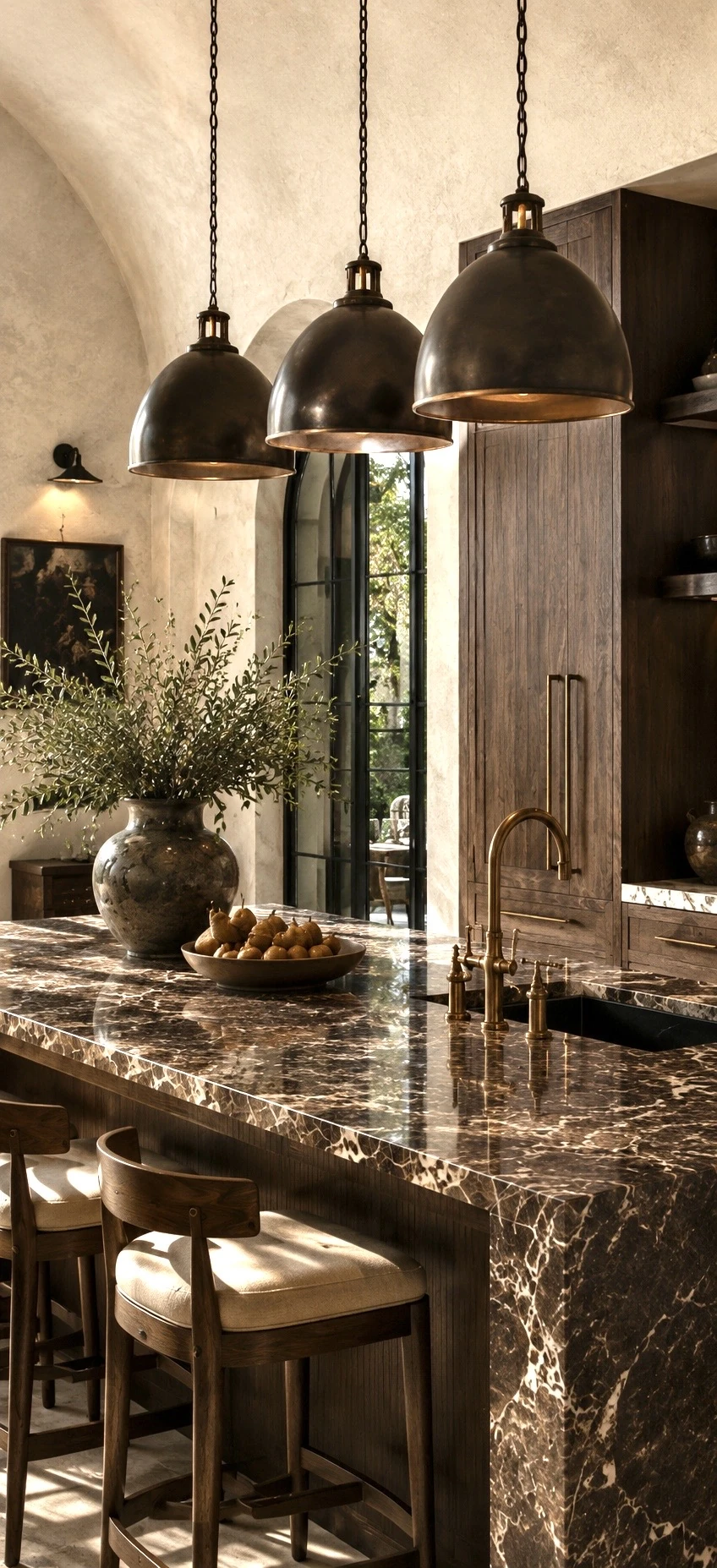 Detail study: a dark marble island beneath a cluster of brass pendant lights