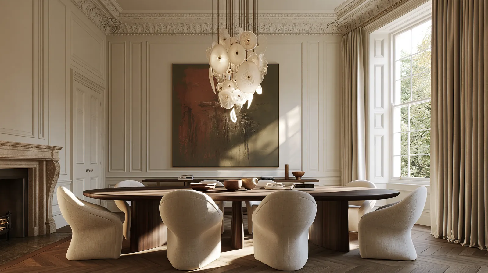 Comedor formal con mesa ovalada de madera, sillas escultóricas color crema y una lámpara de vidrio en racimo bajo una cornisa profunda de yeso
