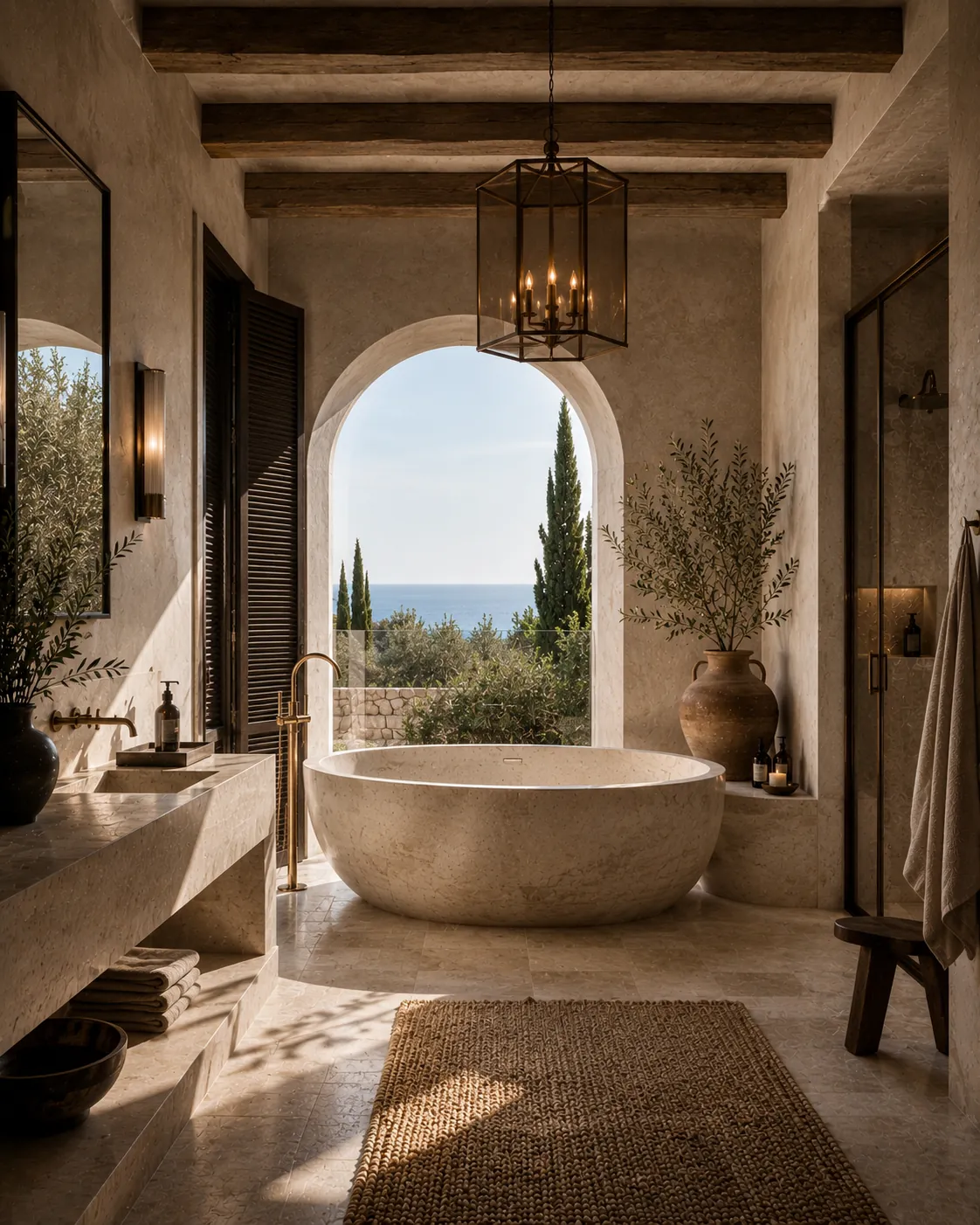 Bathroom with a carved stone bath beneath a tall arched window onto cypresses and the sea, a long stone vanity, brass fittings and a lantern pendant under timber beams