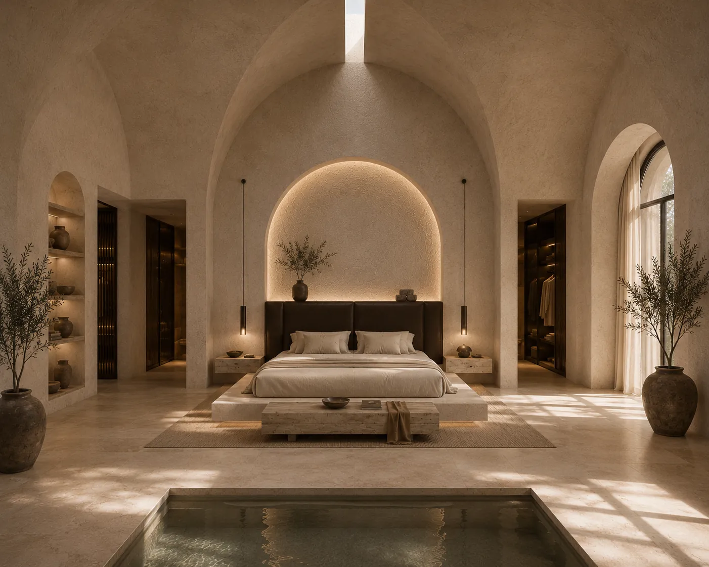 Bedroom beneath a vaulted plaster ceiling, with a dark upholstered headboard set into a backlit arched recess, stone bedside blocks and a plunge pool in the foreground