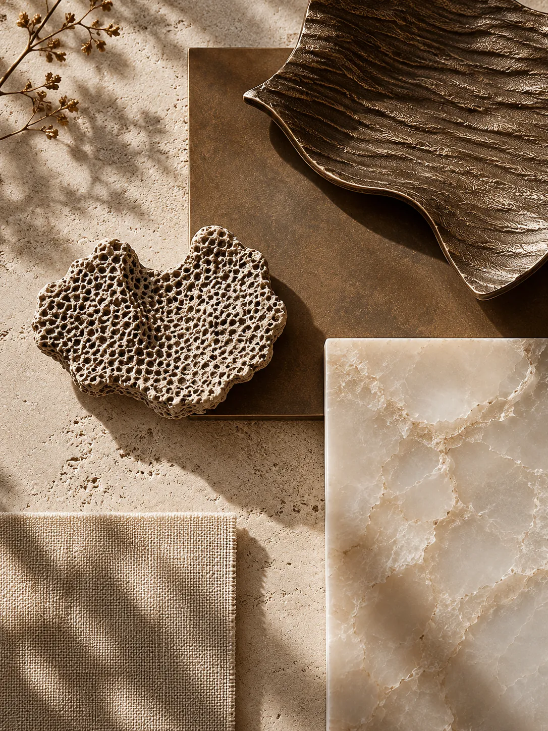 Material study in sunlight — travertine, a bronze tray, a cast bronze dish, backlit onyx and natural linen