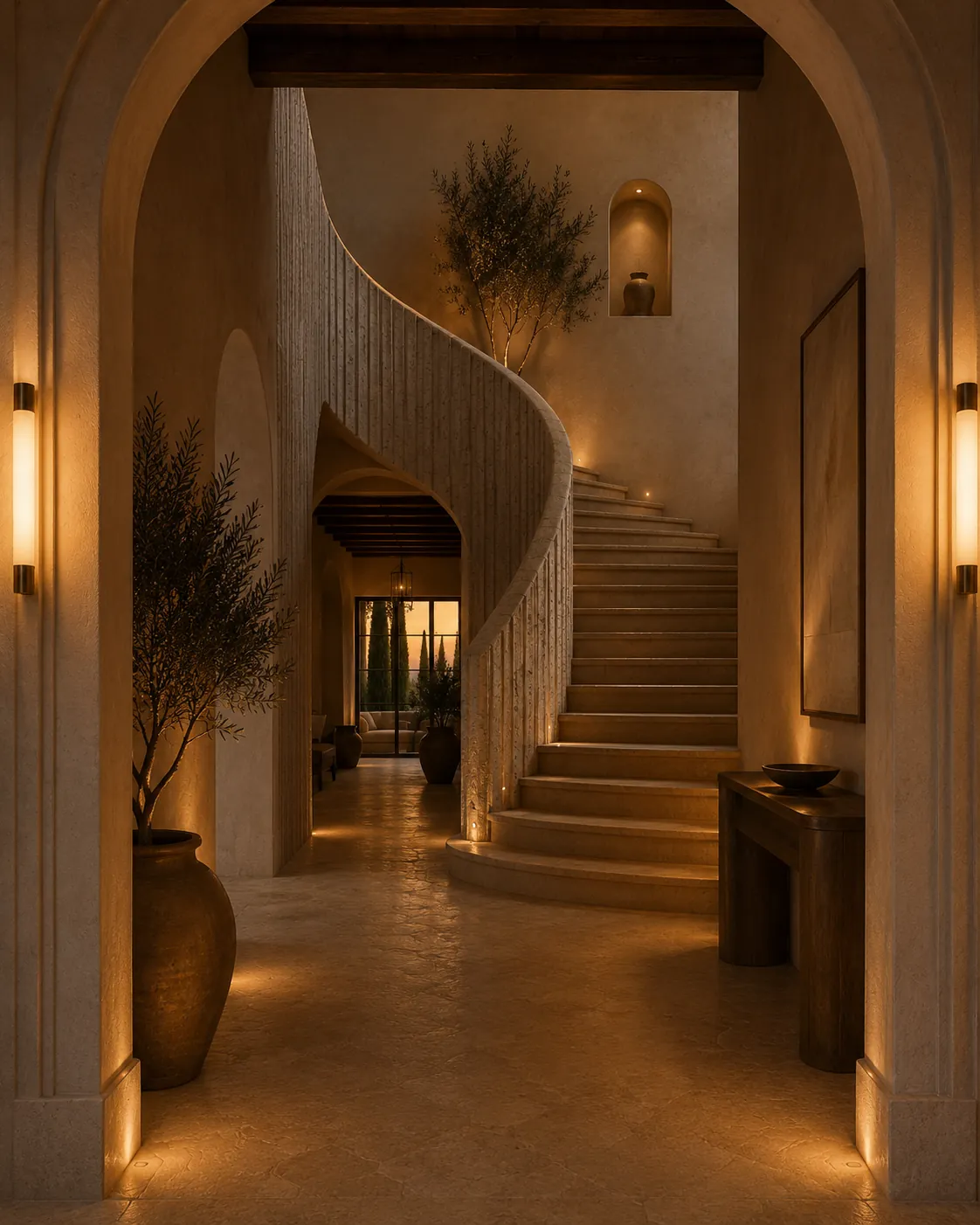 Entrance hall seen through a stone arch, with a curved travertine stair and fluted balustrade, a potted olive tree and a niche holding a single urn