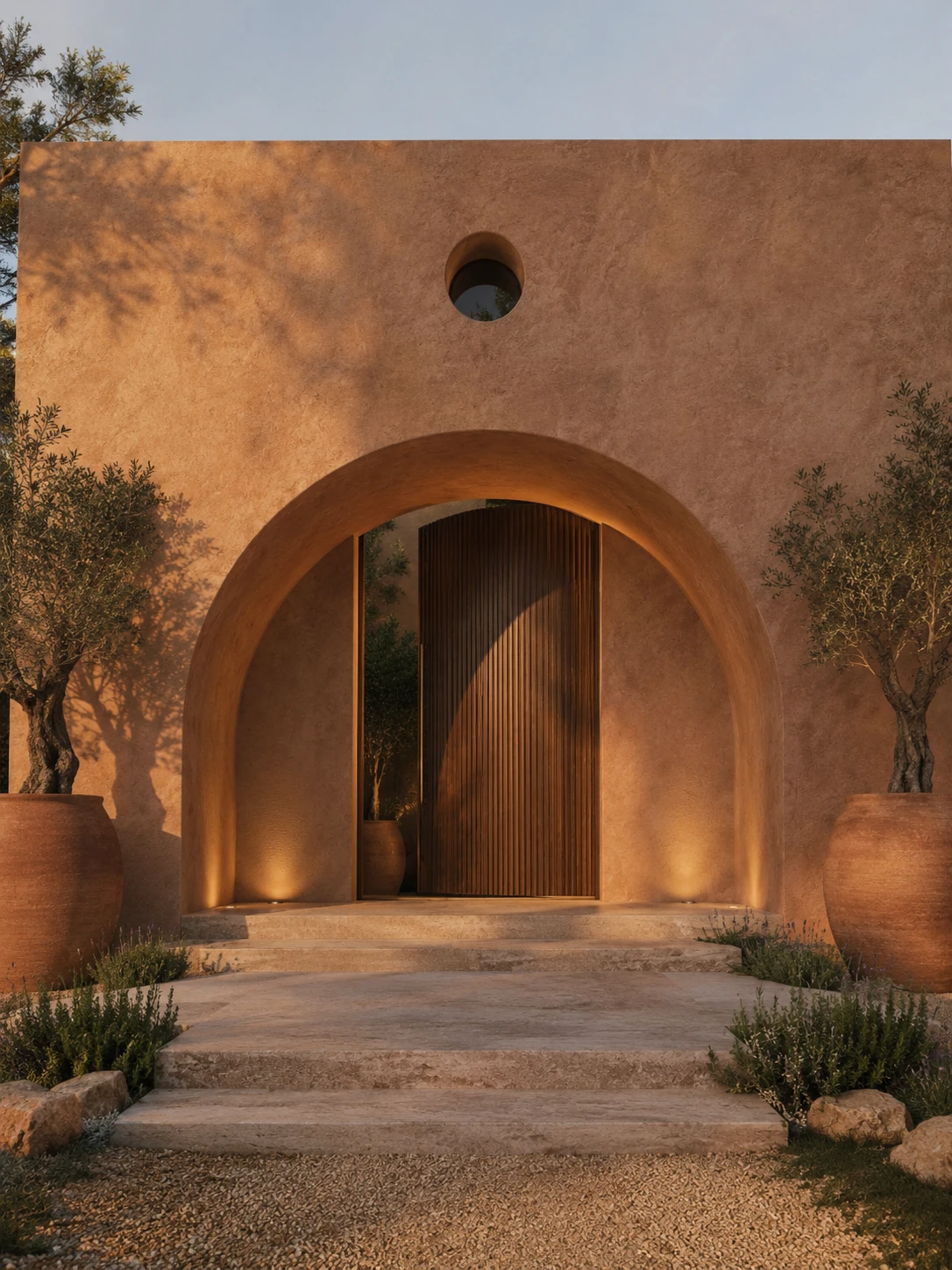 Study for an arched timber door set within an ochre stucco niche