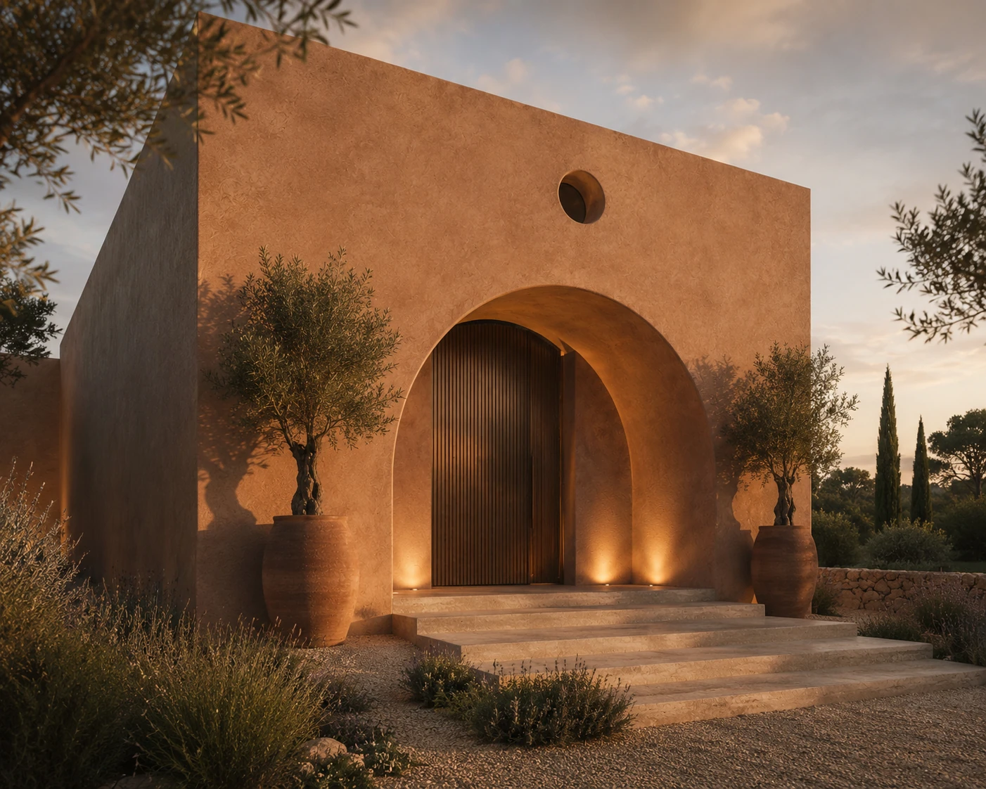 Design study for a terracotta stucco villa entrance at dusk