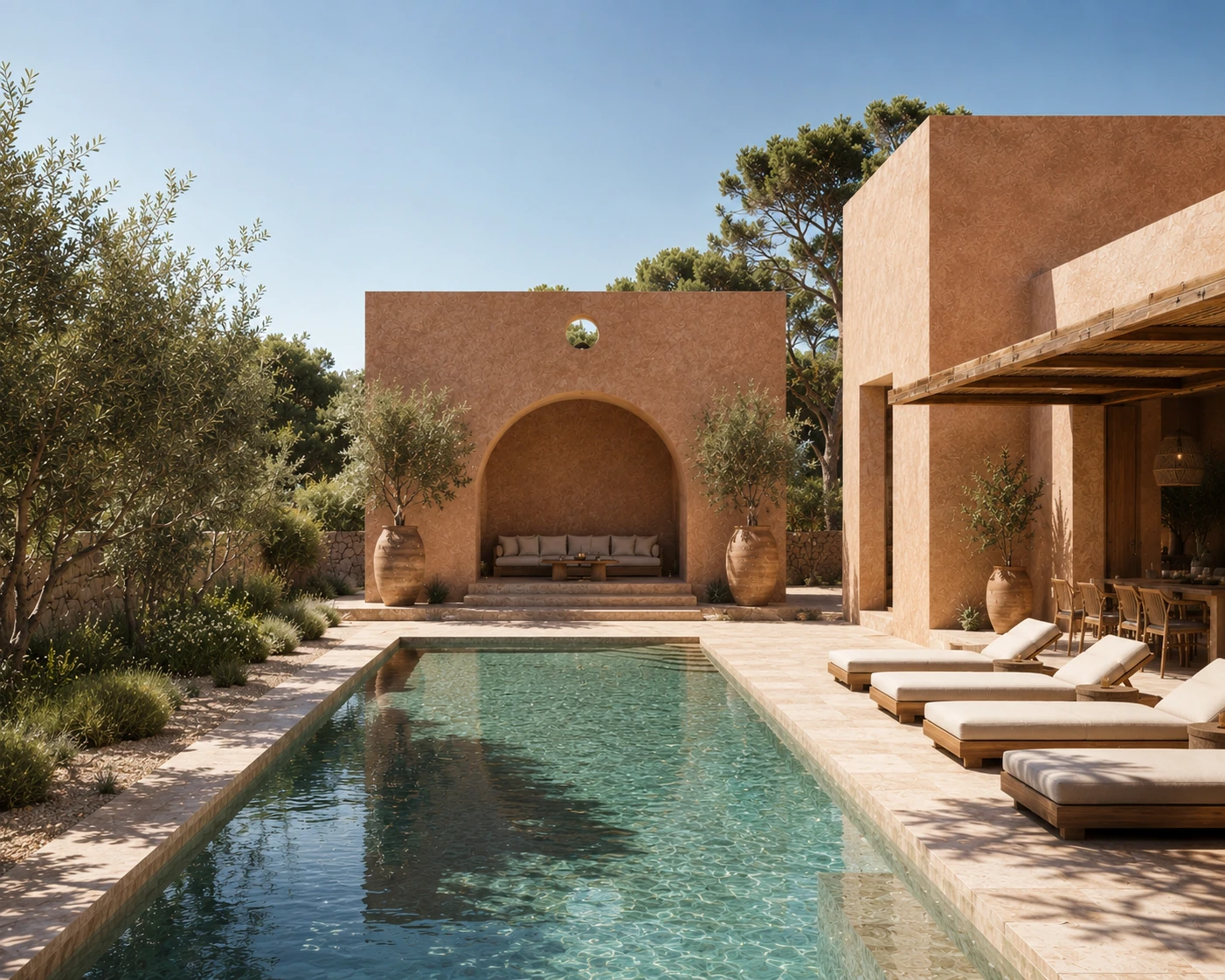 Study for a poolside pavilion in ochre stucco, framed by olive trees