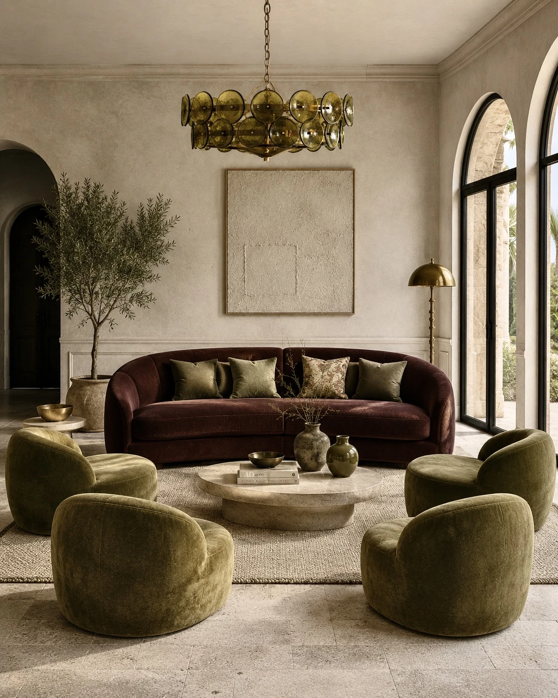 Design study for a living room with olive velvet seating and a burgundy sofa