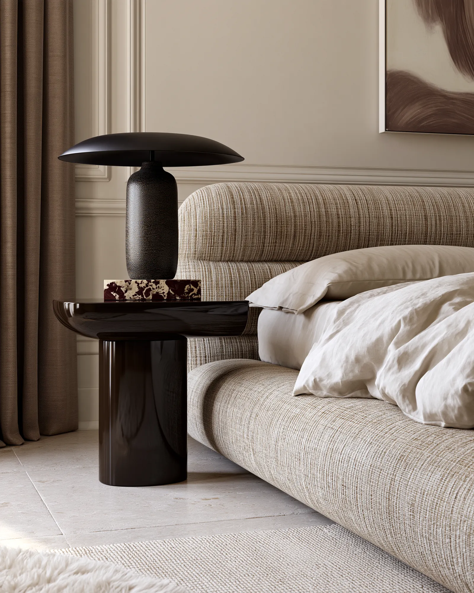 Bedroom detail: a dark ceramic lamp and a marble tray on a lacquered side table beside a woven headboard
