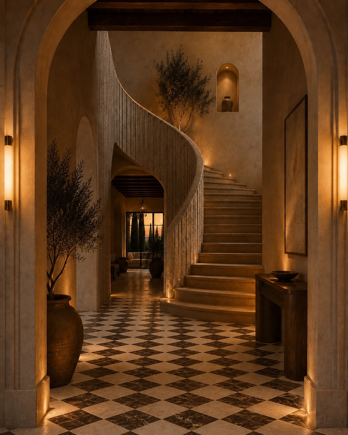 Study for a curved stone stair over a checkerboard marble floor