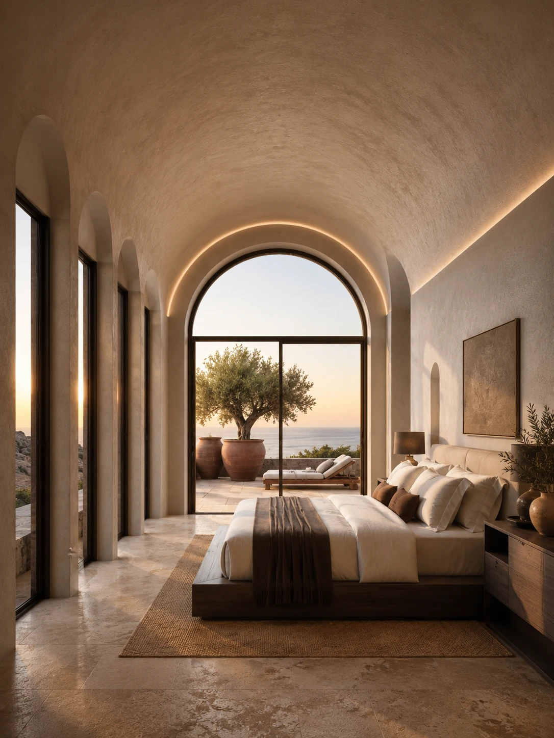 Study for a vaulted hallway bedroom suite facing the sea, olive trees at the terrace