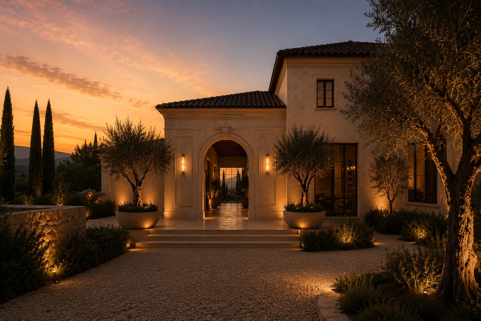 Design study for a Provençal villa entrance at dusk