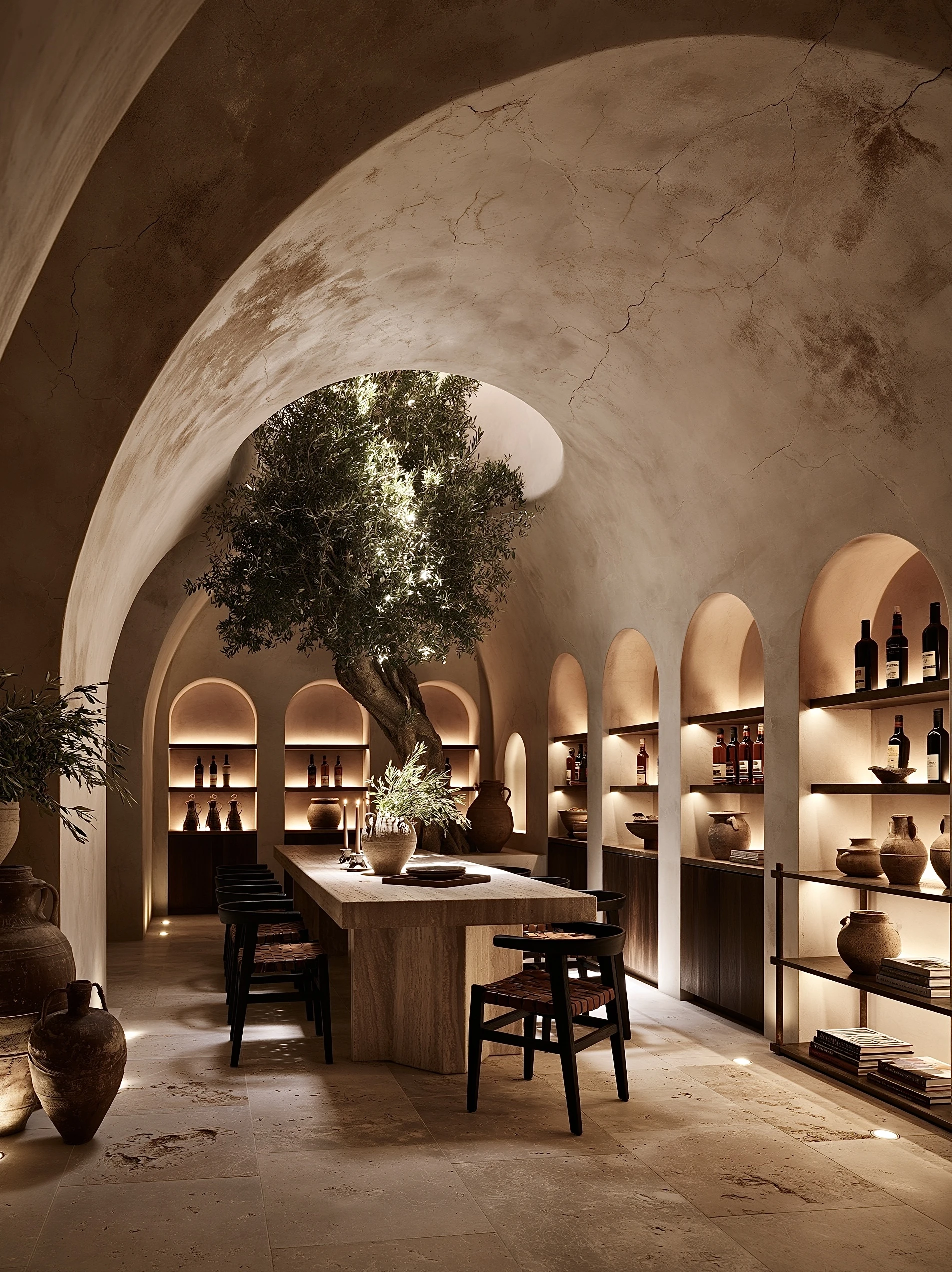 Study for a vaulted private dining cellar with an olive tree at its centre